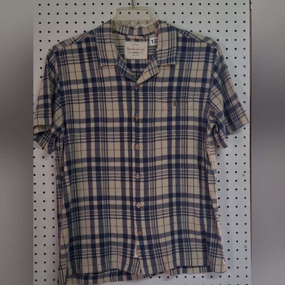 Weatherproof Vintage Mens Lrg  Button-up Shirt Plaid Blue And Beige Rayon